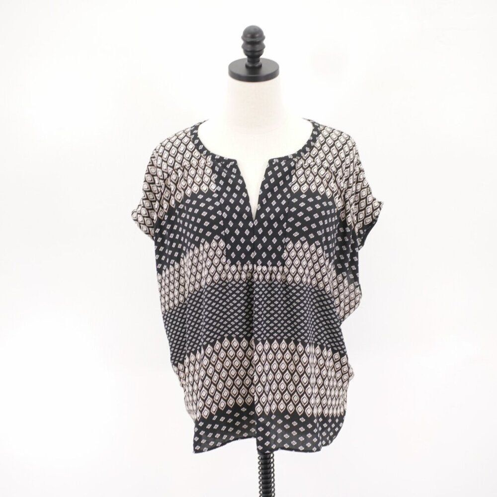 Ann Taylor Loft Patchwork Patterned Geometric V-Neck Black Tan Top / Blouse XL
